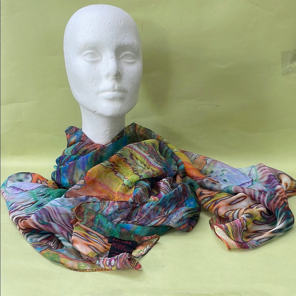Vintage Escada Multicolored Artistic Hand Painted Silk Scarf/Wrap - Picture 4 of 13
